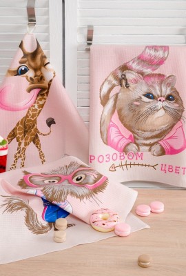 Набор полотенец для кухни Розовый кот - розовый