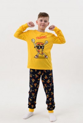 Пижама Пицца детская длинный рукав с брюками - желтый-т.синий