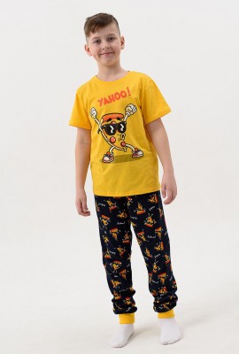 Пижама Пицца детская короткий рукав с брюками - желтый-т.синий
