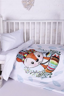 Детский КПБ сатин премиум с фотопечатью в кроватку на резинке Лисенок