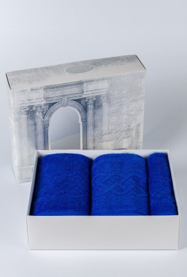 Набор махровых полотенец в подарочном коробе Плэйт - синий