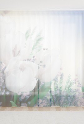Фототюль из вуали Белые тюльпаны с мимозой