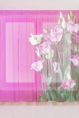 Фототюль из вуали Букет цветов на розовом фоне