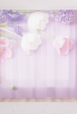 Фототюль из вуали Весенние цветы на сереневом фоне