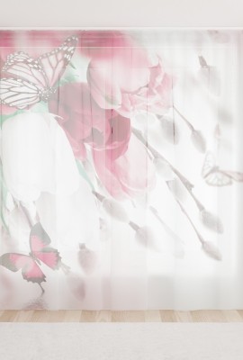 Фототюль из вуали Розовые тюльпаны с бабочками