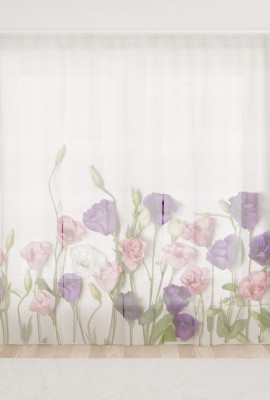 Фототюль из вуали Цветочки на бежевых досках
