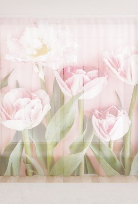 Фототюль из вуали Яркие цветы на розовом фоне