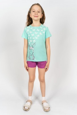 Комплект для девочки 41106 (футболка+ шорты) - мятный-лиловый